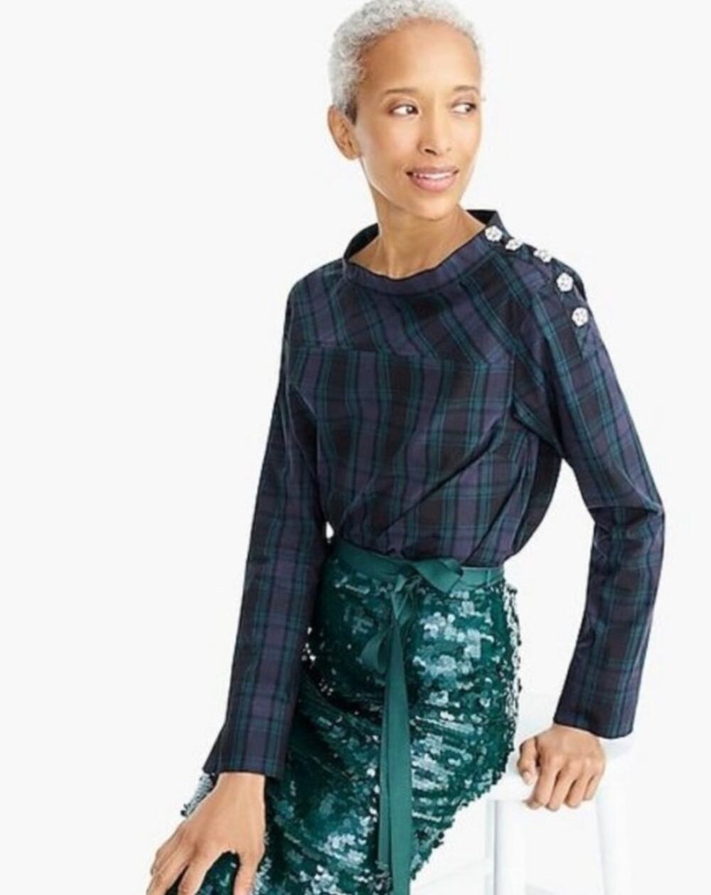 J. Crew Jewel Funnel Neck in Black Watch Tartan Size 8